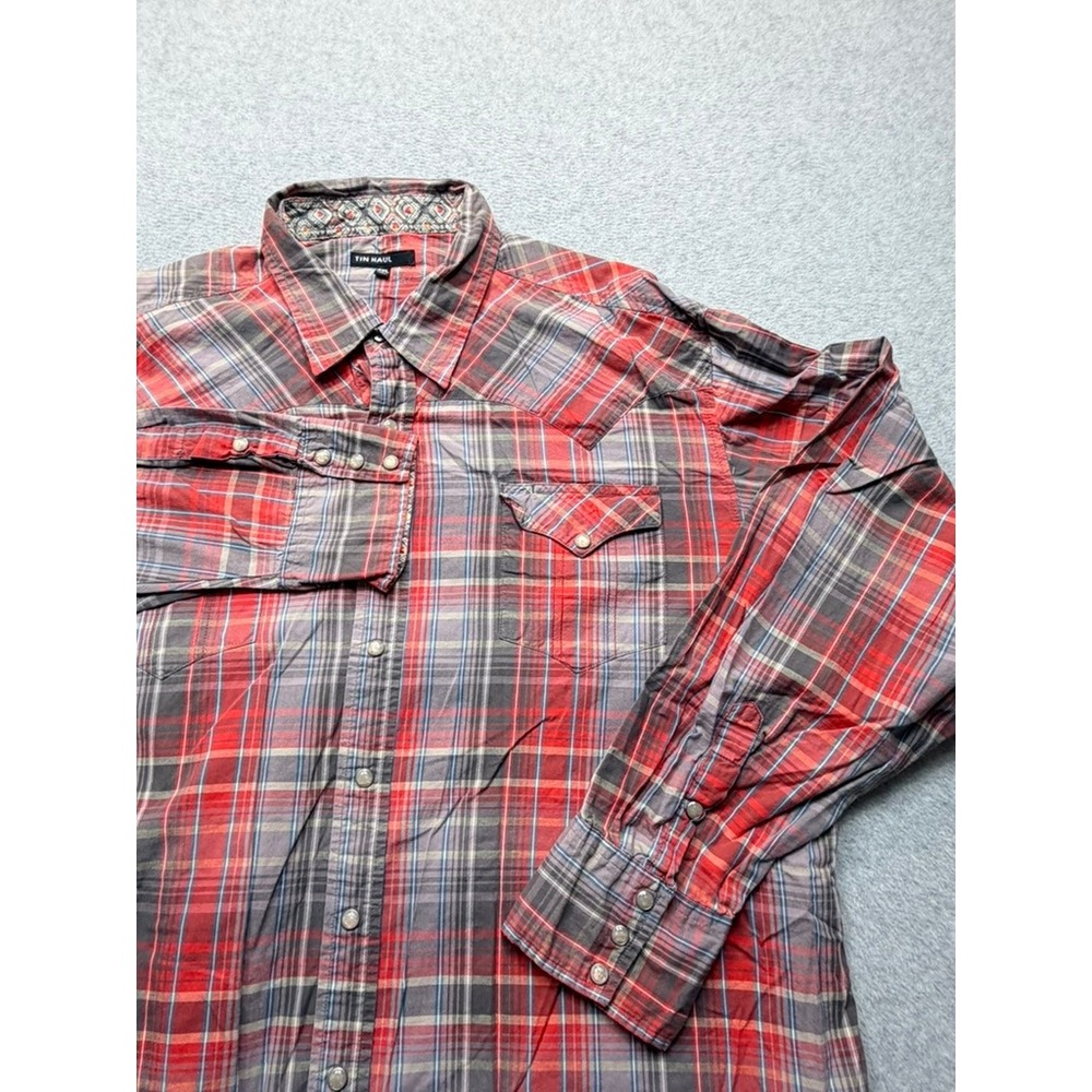 Tin Haul Mens 3XL Red Grey Plaid Western Pearl Snap Shirt 10-01-062-604RE